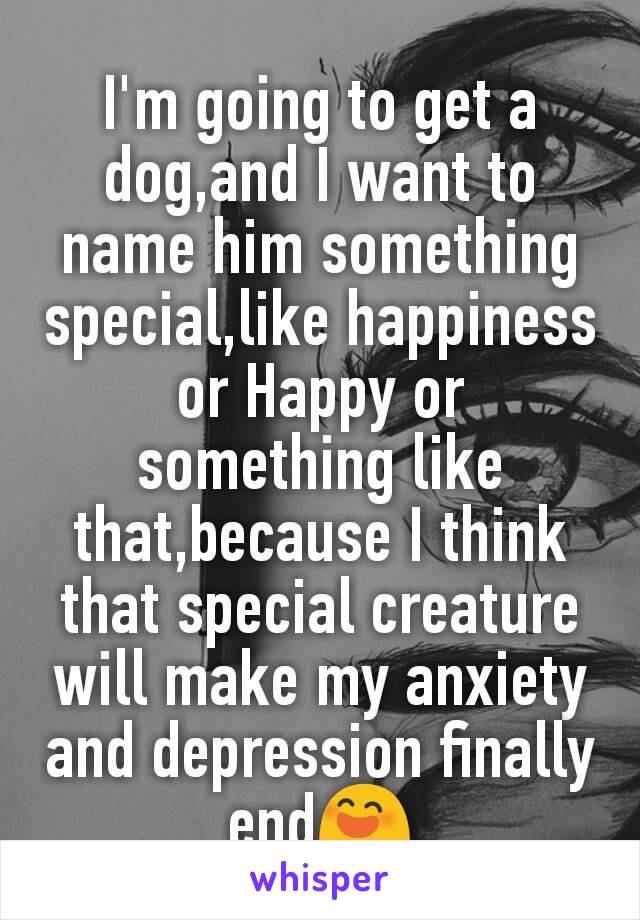 I'm going to get a dog,and I want to name him something special,like happiness or Happy or something like that,because I think that special creature will make my anxiety and depression finally end😄