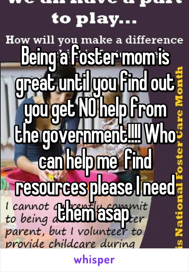 Being a foster mom is great until you find out you get NO help from the government!!!! Who can help me  find resources please I need them asap 