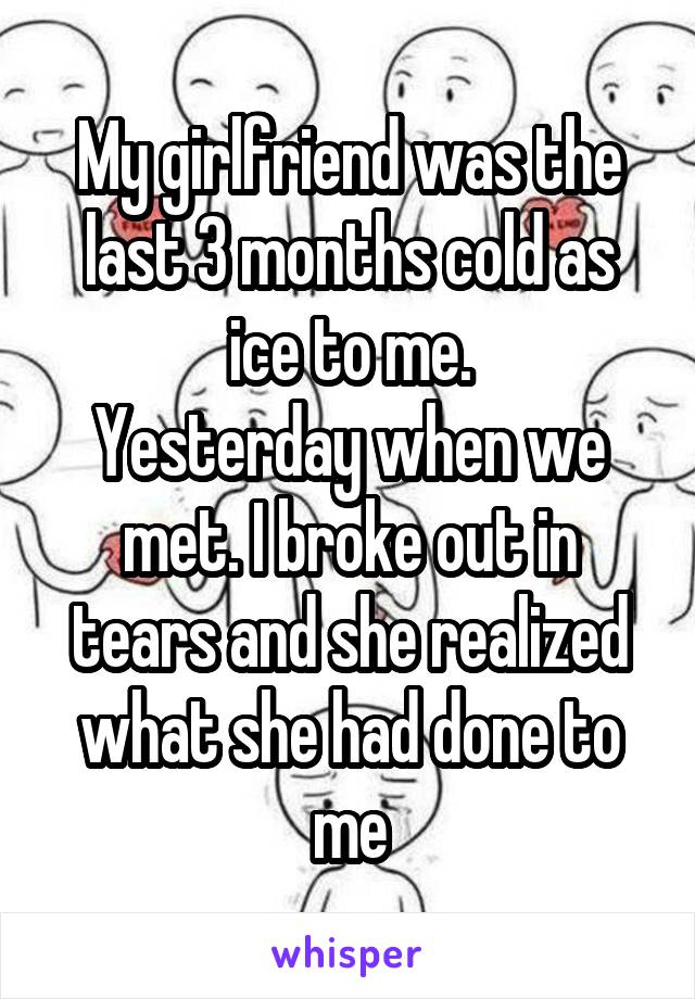 My girlfriend was the last 3 months cold as ice to me.
Yesterday when we met. I broke out in tears and she realized what she had done to me