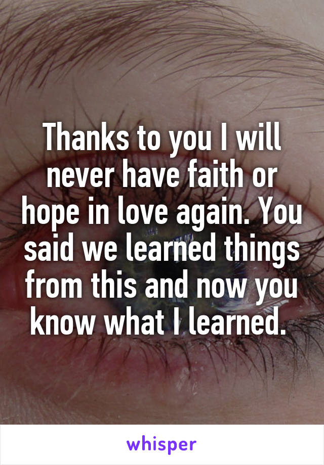 Thanks to you I will never have faith or hope in love again. You said we learned things from this and now you know what I learned. 