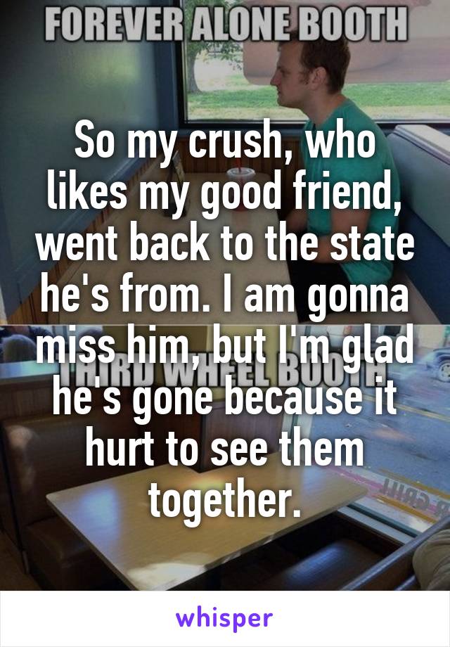 So my crush, who likes my good friend, went back to the state he's from. I am gonna miss him, but I'm glad he's gone because it hurt to see them together.