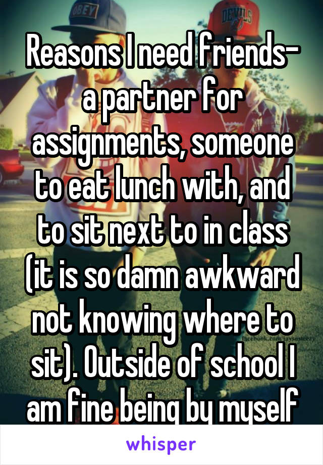 Reasons I need friends- a partner for assignments, someone to eat lunch with, and to sit next to in class (it is so damn awkward not knowing where to sit). Outside of school I am fine being by myself