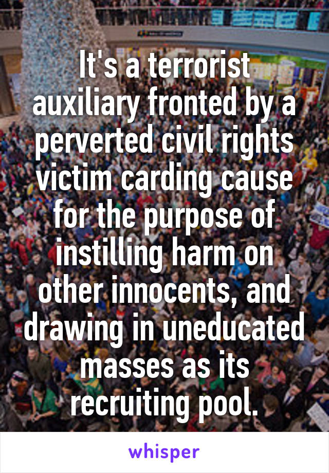 It's a terrorist auxiliary fronted by a perverted civil rights victim carding cause for the purpose of instilling harm on other innocents, and drawing in uneducated masses as its recruiting pool.