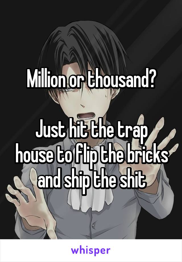 Million or thousand?

Just hit the trap house to flip the bricks and ship the shit