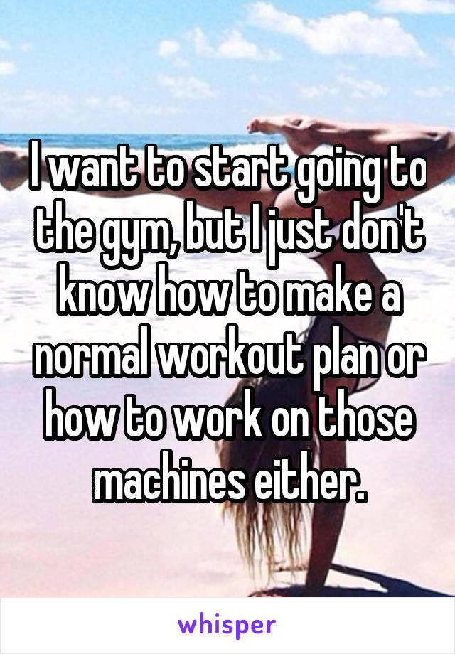 I want to start going to the gym, but I just don't know how to make a normal workout plan or how to work on those machines either.