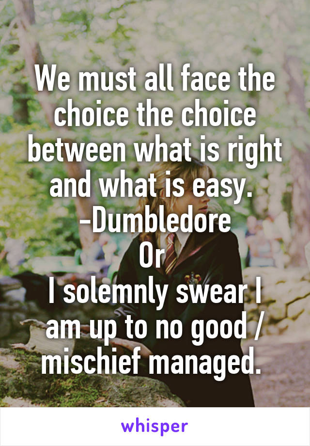 We must all face the choice the choice between what is right and what is easy. 
-Dumbledore
Or 
I solemnly swear I am up to no good / mischief managed. 