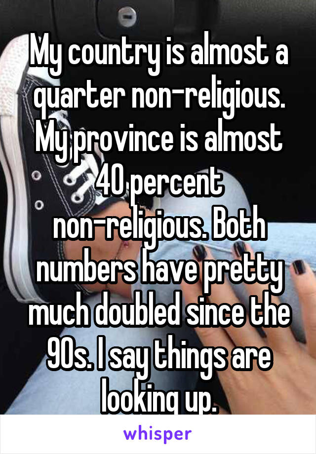 My country is almost a quarter non-religious. My province is almost 40 percent non-religious. Both numbers have pretty much doubled since the 90s. I say things are looking up.