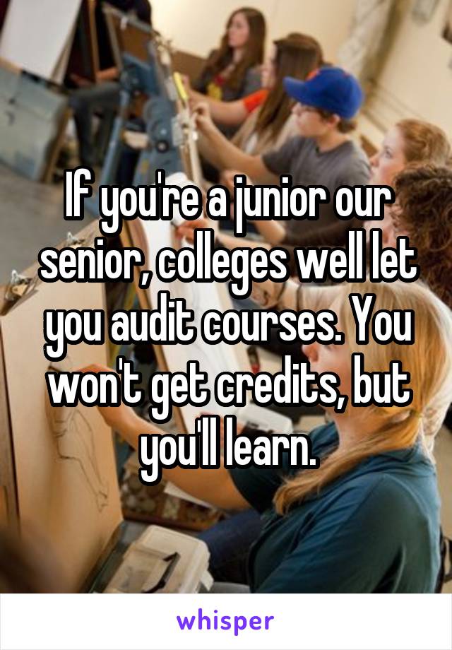 If you're a junior our senior, colleges well let you audit courses. You won't get credits, but you'll learn.