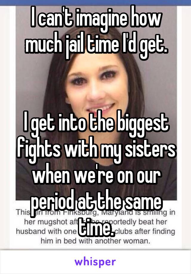 I can't imagine how much jail time I'd get.


I get into the biggest fights with my sisters when we're on our period at the same time.
