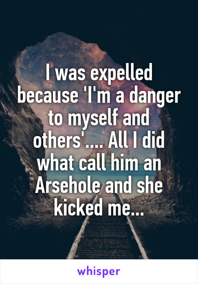 I was expelled because 'I'm a danger to myself and others'.... All I did what call him an Arsehole and she kicked me...