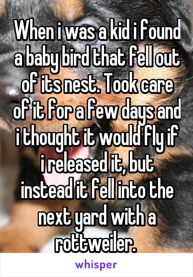 When i was a kid i found a baby bird that fell out of its nest. Took care of it for a few days and i thought it would fly if i released it, but instead it fell into the next yard with a rottweiler. 