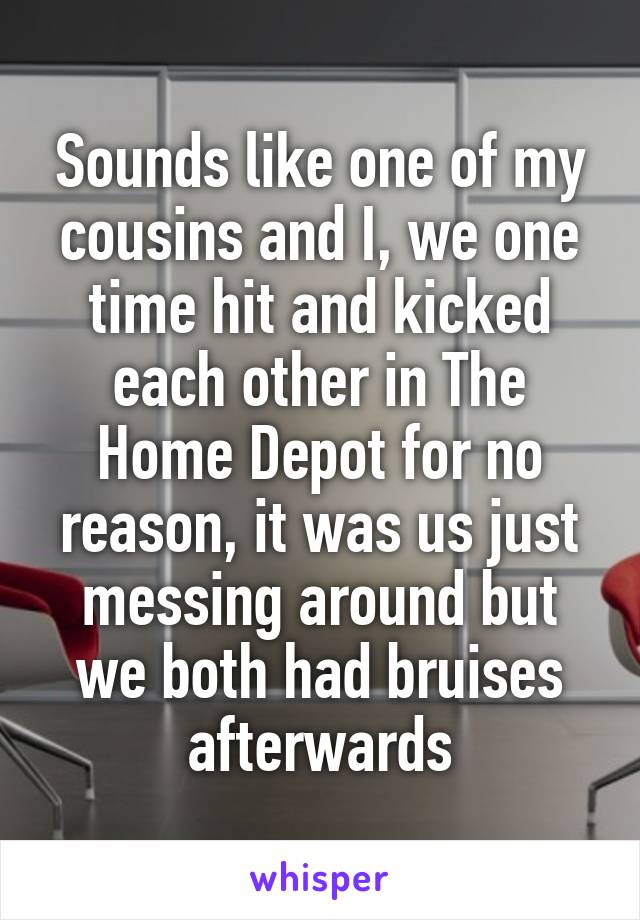 Sounds like one of my cousins and I, we one time hit and kicked each other in The Home Depot for no reason, it was us just messing around but we both had bruises afterwards