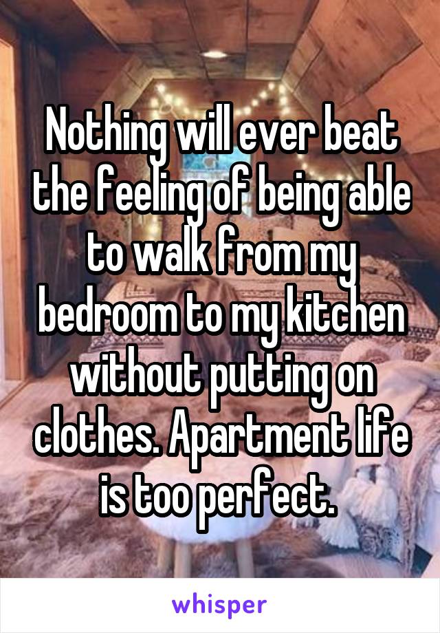 Nothing will ever beat the feeling of being able to walk from my bedroom to my kitchen without putting on clothes. Apartment life is too perfect. 