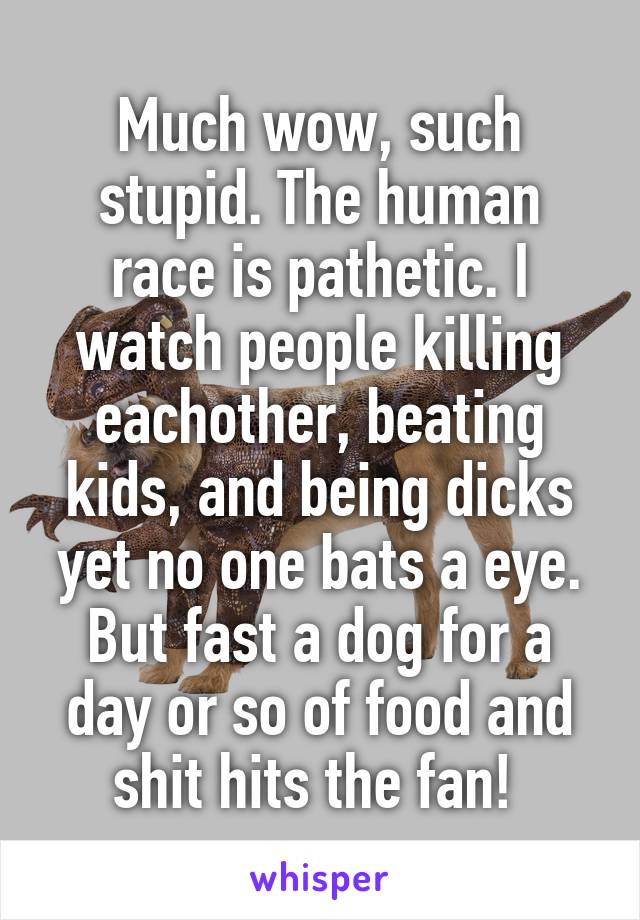 Much wow, such stupid. The human race is pathetic. I watch people killing eachother, beating kids, and being dicks yet no one bats a eye. But fast a dog for a day or so of food and shit hits the fan! 