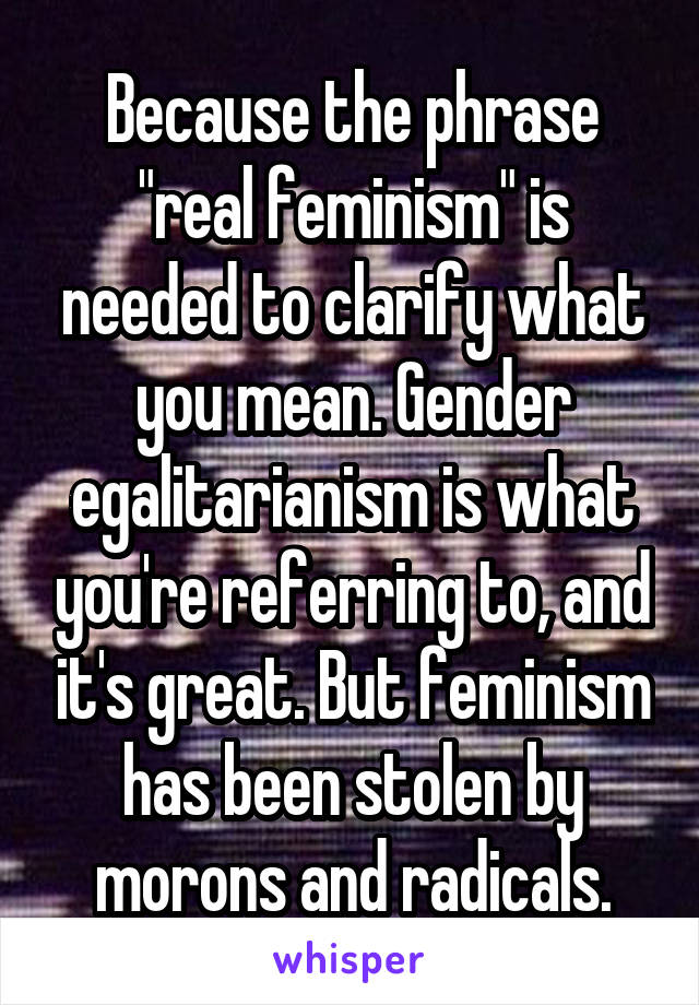 Because the phrase "real feminism" is needed to clarify what you mean. Gender egalitarianism is what you're referring to, and it's great. But feminism has been stolen by morons and radicals.