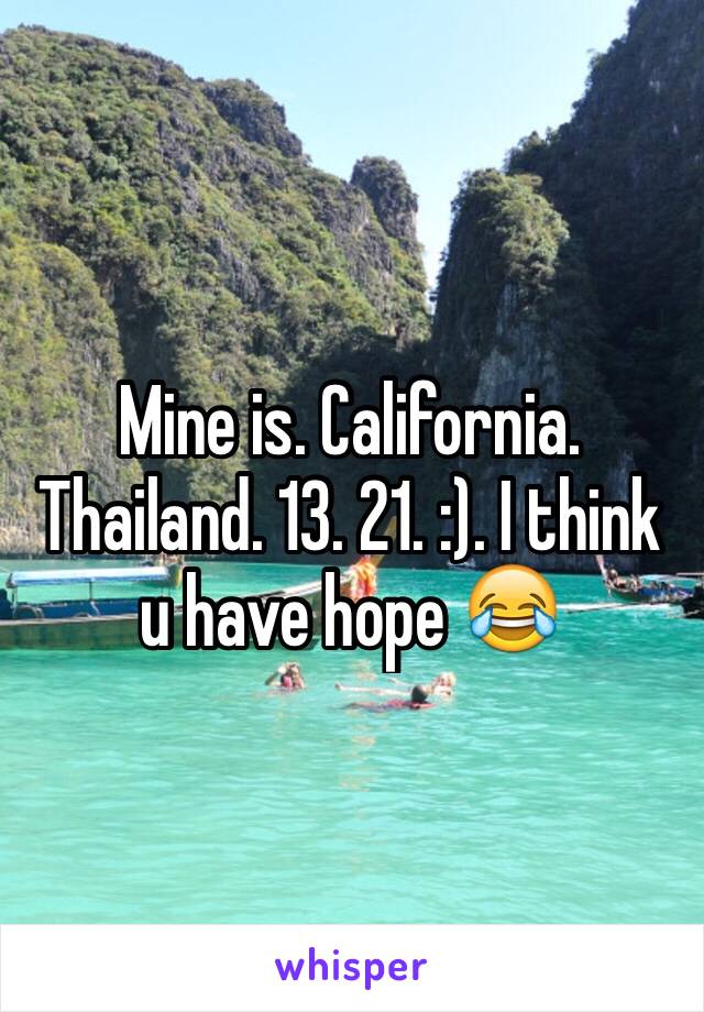Mine is. California. Thailand. 13. 21. :). I think u have hope 😂