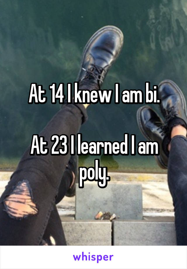 At 14 I knew I am bi.

At 23 I learned I am poly.