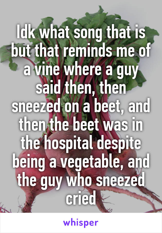 Idk what song that is but that reminds me of a vine where a guy said then, then sneezed on a beet, and then the beet was in the hospital despite being a vegetable, and the guy who sneezed cried