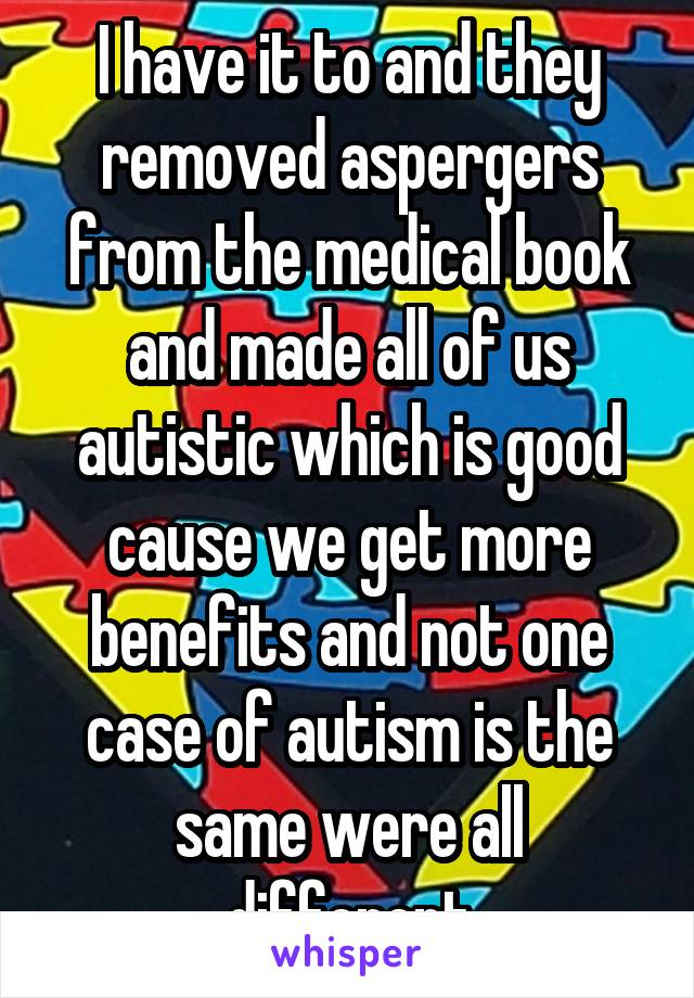 I have it to and they removed aspergers from the medical book and made all of us autistic which is good cause we get more benefits and not one case of autism is the same were all different