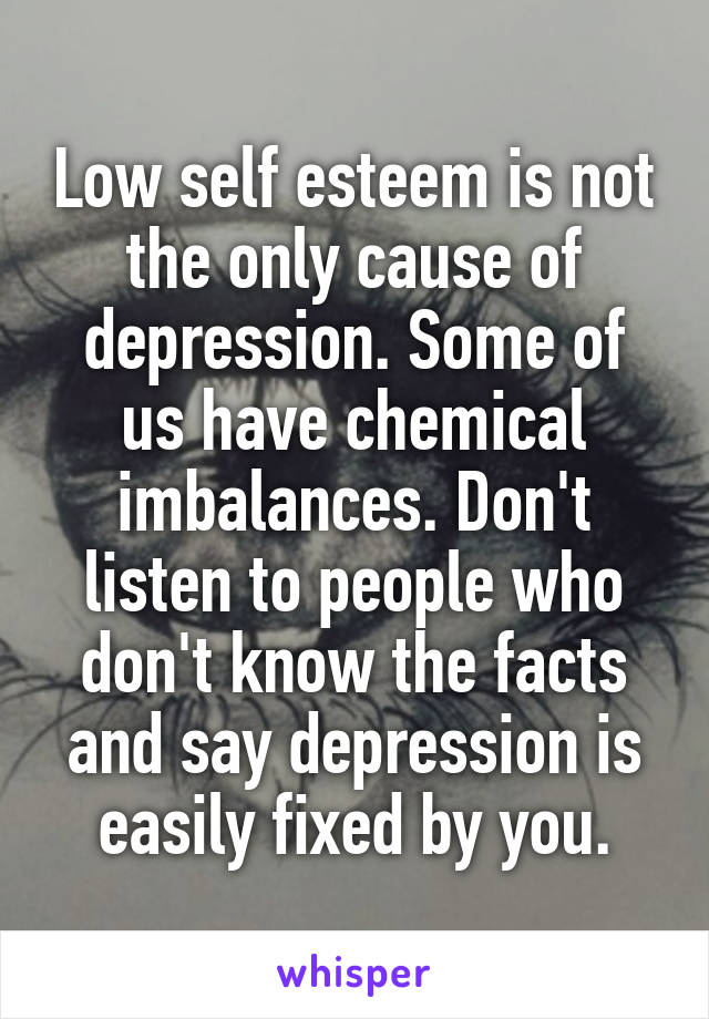 Low self esteem is not the only cause of depression. Some of us have chemical imbalances. Don't listen to people who don't know the facts and say depression is easily fixed by you.