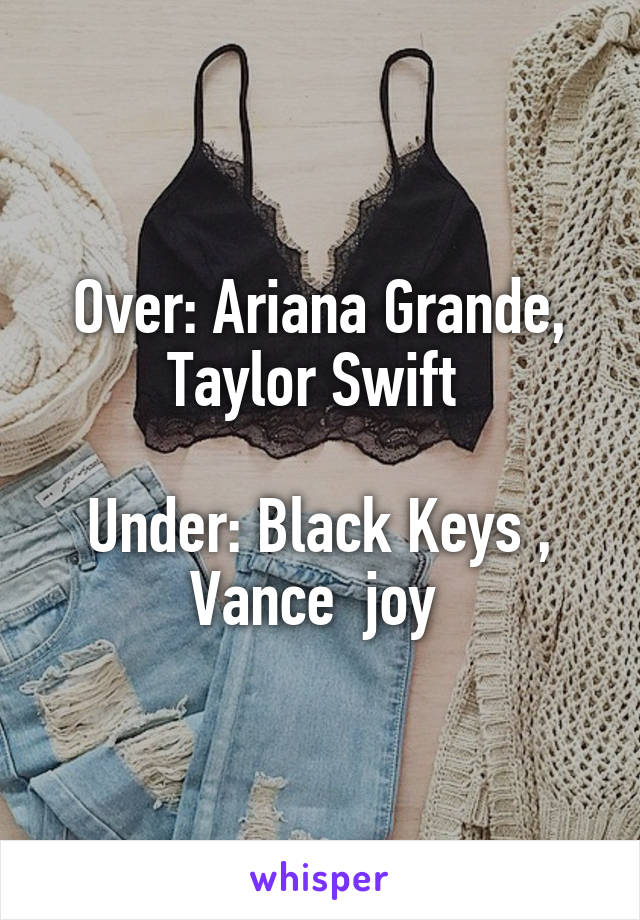 Over: Ariana Grande, Taylor Swift 

Under: Black Keys , Vance  joy 