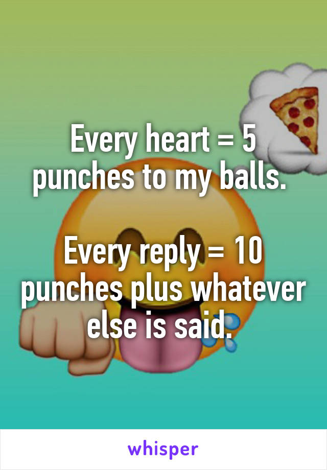 Every heart = 5 punches to my balls. 

Every reply = 10 punches plus whatever else is said. 