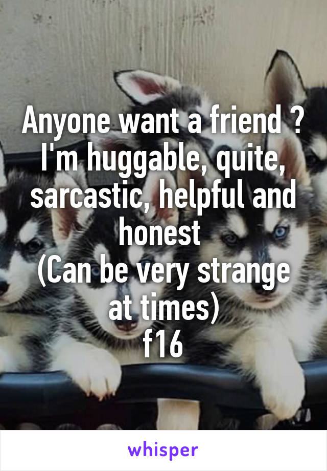 Anyone want a friend ?
I'm huggable, quite, sarcastic, helpful and honest 
(Can be very strange at times)
f16