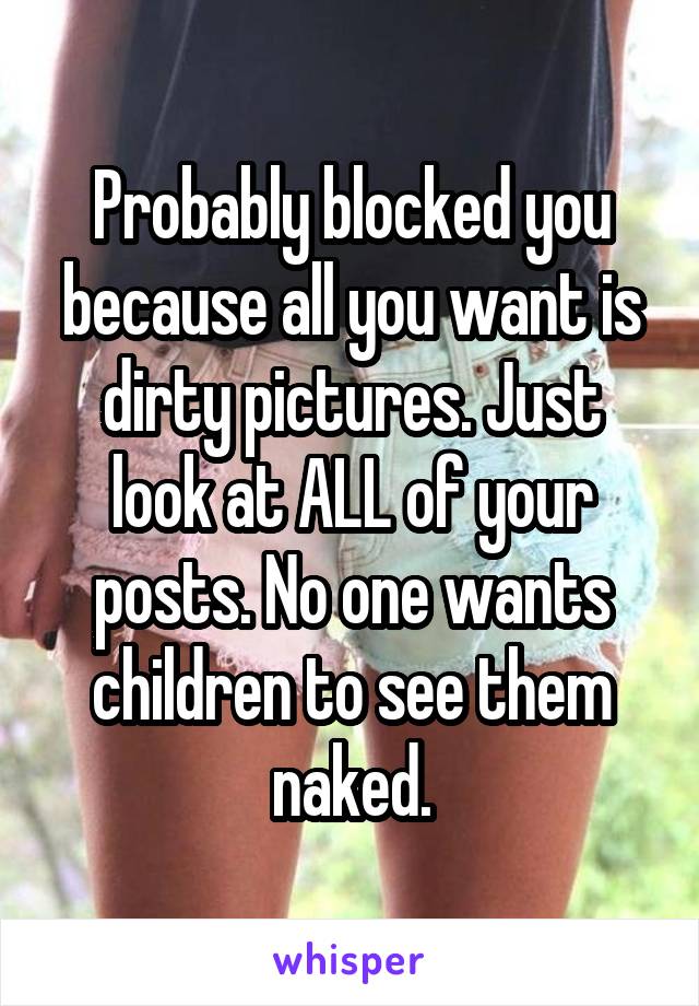 Probably blocked you because all you want is dirty pictures. Just look at ALL of your posts. No one wants children to see them naked.