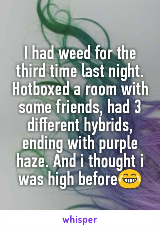I had weed for the third time last night. Hotboxed a room with some friends, had 3 different hybrids, ending with purple haze. And i thought i was high before😂