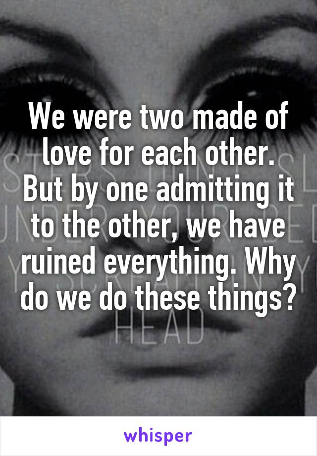We were two made of love for each other. But by one admitting it to the other, we have ruined everything. Why do we do these things?
