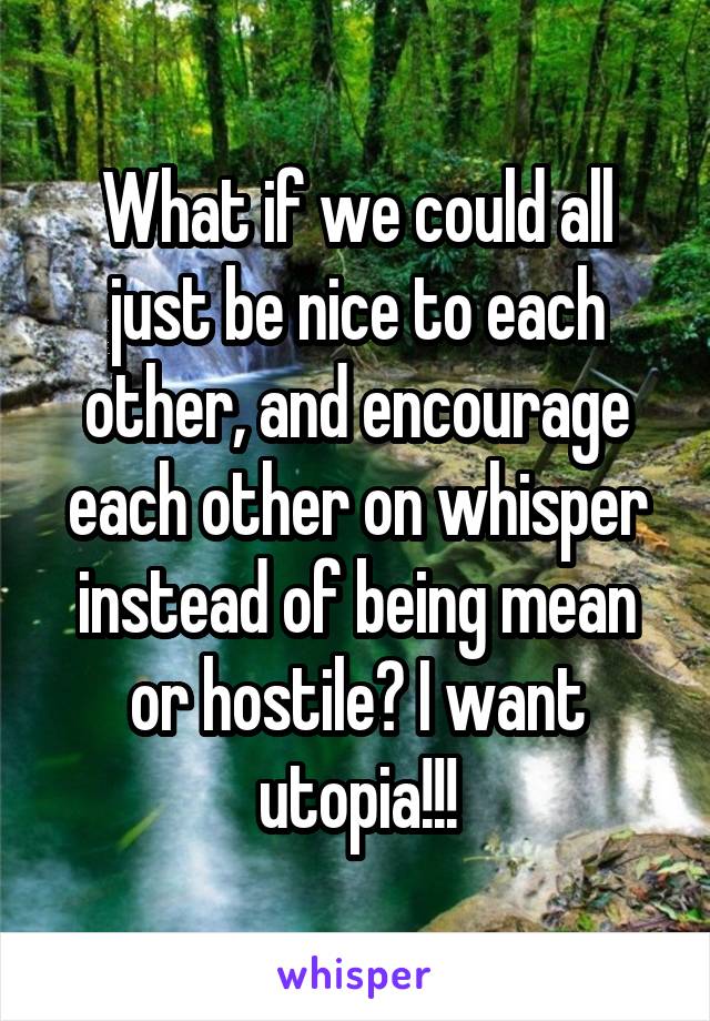 What if we could all just be nice to each other, and encourage each other on whisper instead of being mean or hostile? I want utopia!!!
