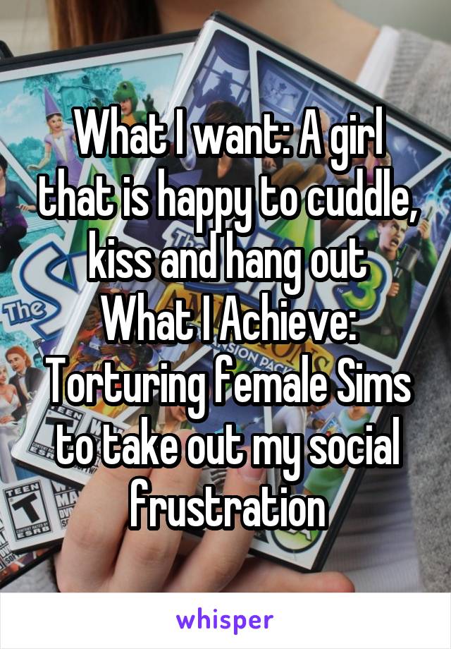What I want: A girl that is happy to cuddle, kiss and hang out
What I Achieve: Torturing female Sims to take out my social frustration