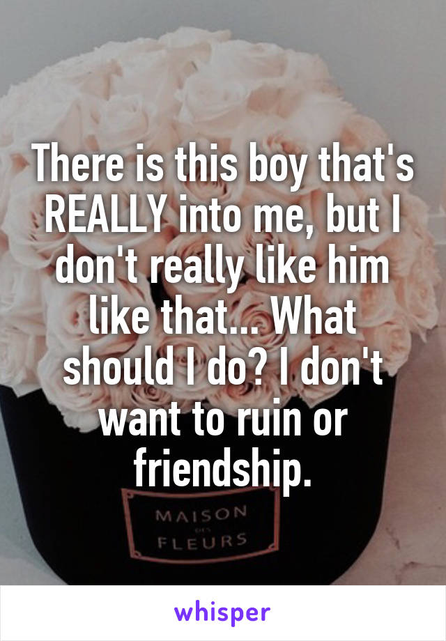 There is this boy that's REALLY into me, but I don't really like him like that... What should I do? I don't want to ruin or friendship.