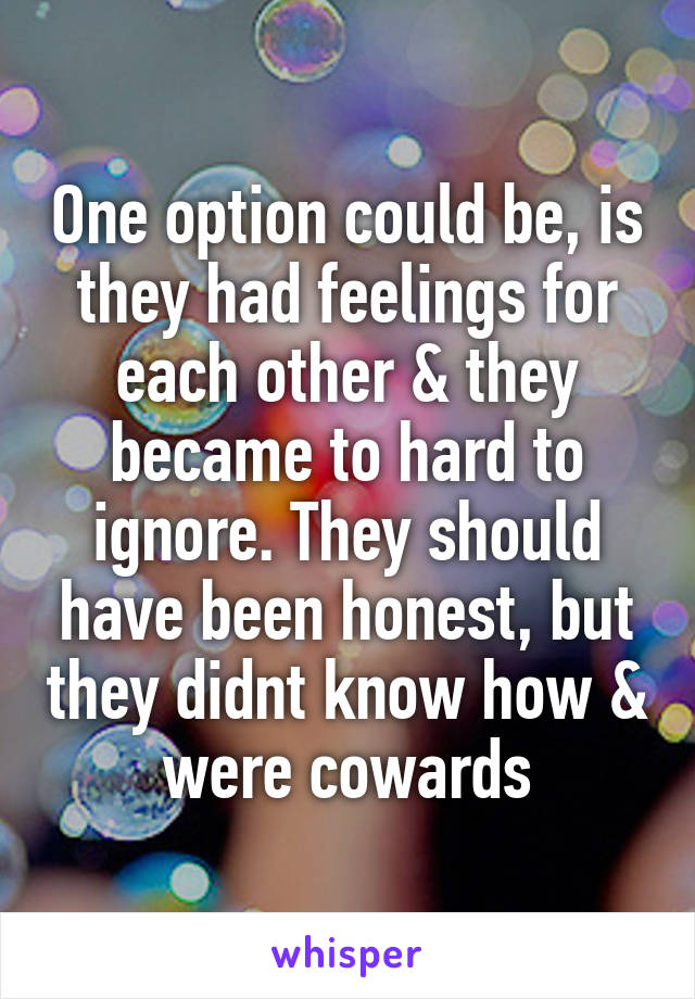 One option could be, is they had feelings for each other & they became to hard to ignore. They should have been honest, but they didnt know how & were cowards