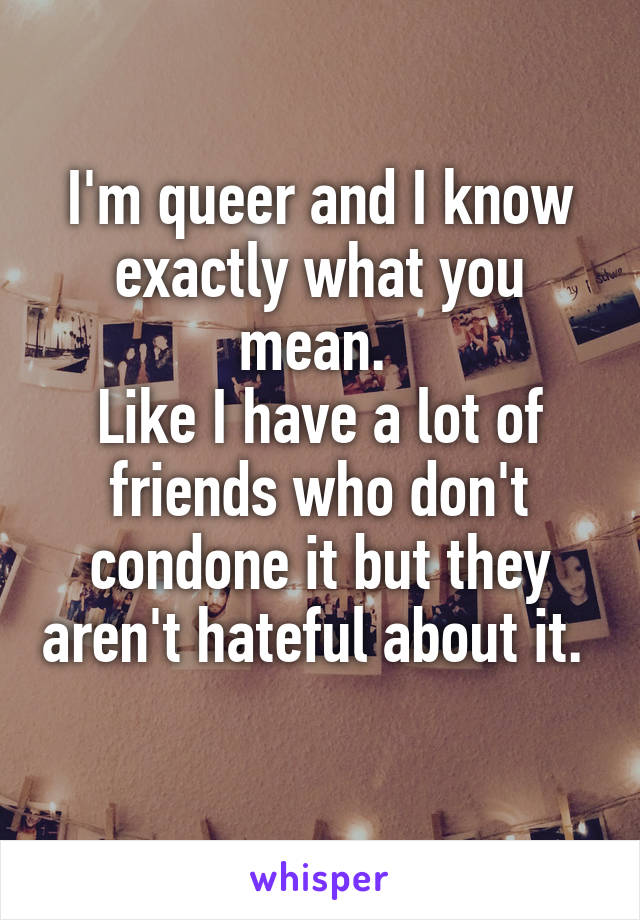I'm queer and I know exactly what you mean. 
Like I have a lot of friends who don't condone it but they aren't hateful about it.  