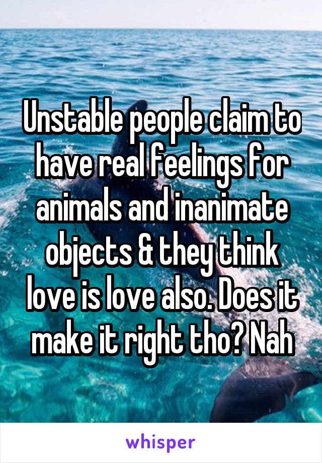 Unstable people claim to have real feelings for animals and inanimate objects & they think love is love also. Does it make it right tho? Nah