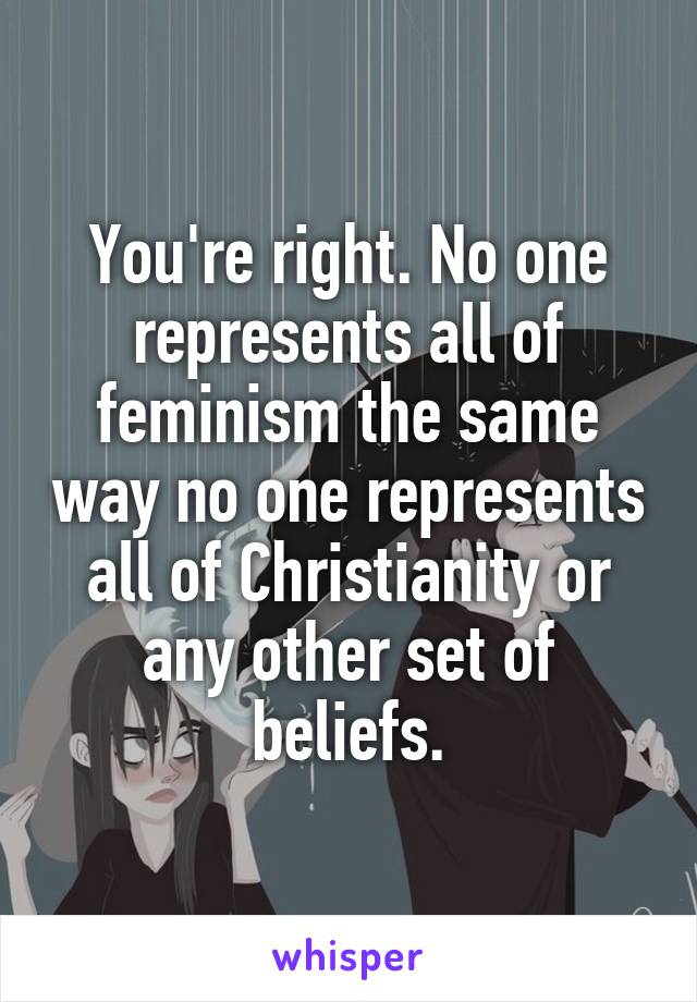 You're right. No one represents all of feminism the same way no one represents all of Christianity or any other set of beliefs.