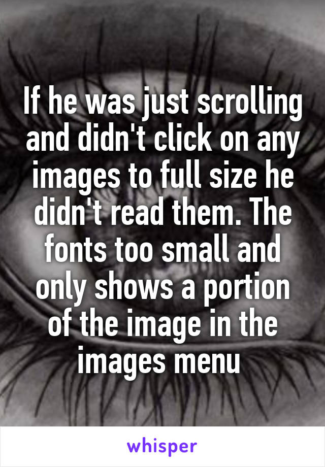 If he was just scrolling and didn't click on any images to full size he didn't read them. The fonts too small and only shows a portion of the image in the images menu 