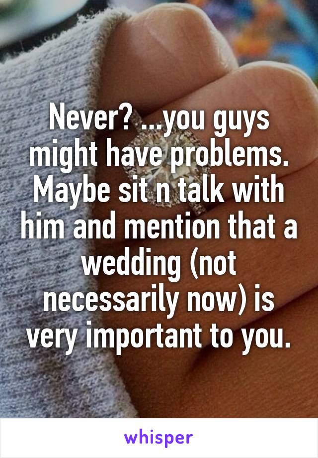 Never? ...you guys might have problems. Maybe sit n talk with him and mention that a wedding (not necessarily now) is very important to you.