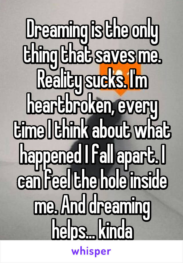 Dreaming is the only thing that saves me. Reality sucks. I'm heartbroken, every time I think about what happened I fall apart. I can feel the hole inside me. And dreaming helps... kinda