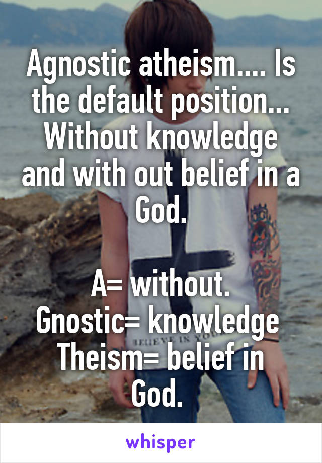 Agnostic atheism.... Is the default position... Without knowledge and with out belief in a God.

A= without.
Gnostic= knowledge 
Theism= belief in God. 