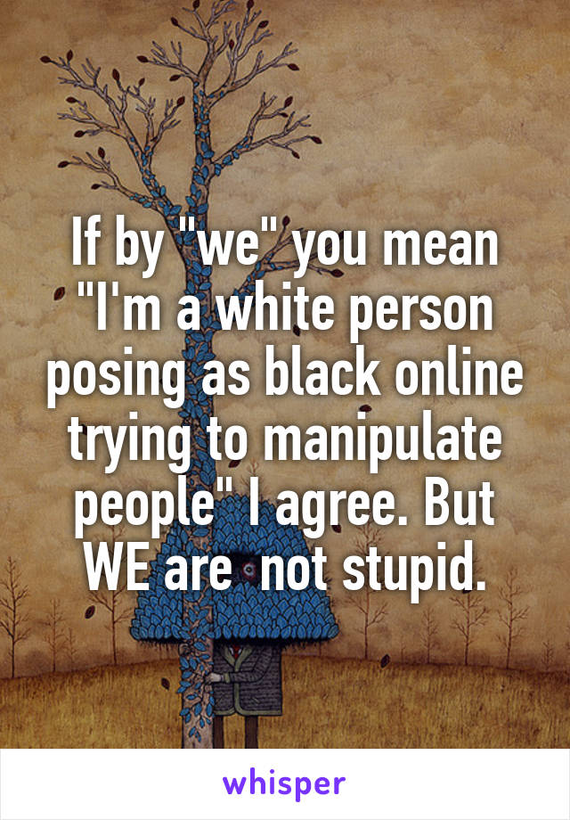 If by "we" you mean "I'm a white person posing as black online trying to manipulate people" I agree. But WE are  not stupid.
