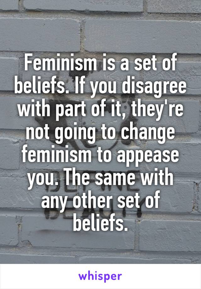 Feminism is a set of beliefs. If you disagree with part of it, they're not going to change feminism to appease you. The same with any other set of beliefs.