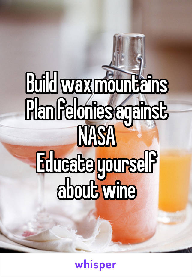 Build wax mountains
Plan felonies against NASA
Educate yourself about wine