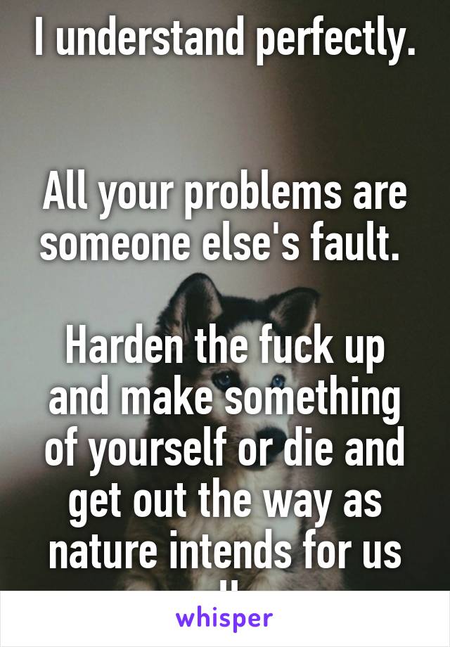 I understand perfectly. 

All your problems are someone else's fault. 

Harden the fuck up and make something of yourself or die and get out the way as nature intends for us all 