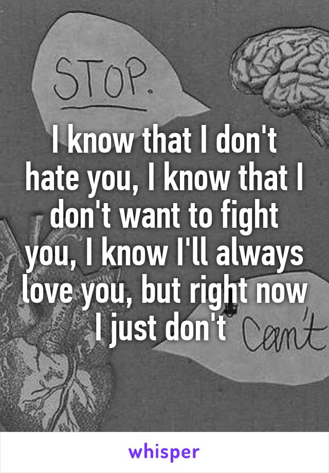 I know that I don't hate you, I know that I don't want to fight you, I know I'll always love you, but right now I just don't 