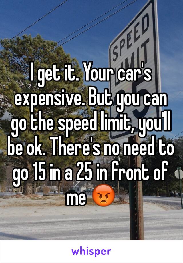 I get it. Your car's expensive. But you can go the speed limit, you'll be ok. There's no need to go 15 in a 25 in front of me 😡