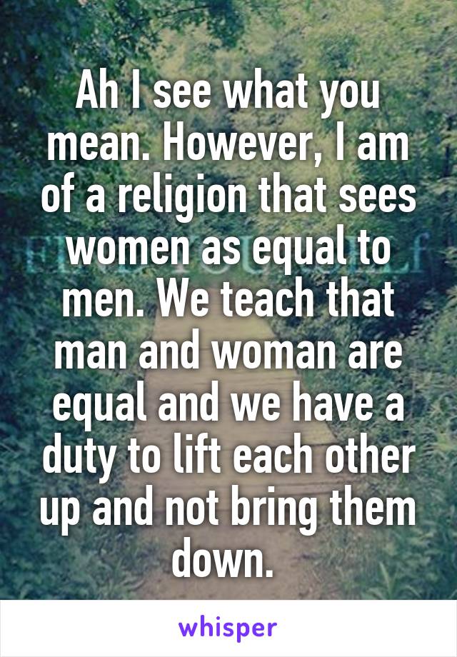 Ah I see what you mean. However, I am of a religion that sees women as equal to men. We teach that man and woman are equal and we have a duty to lift each other up and not bring them down. 