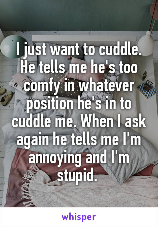 I just want to cuddle. He tells me he's too comfy in whatever position he's in to cuddle me. When I ask again he tells me I'm annoying and I'm stupid. 