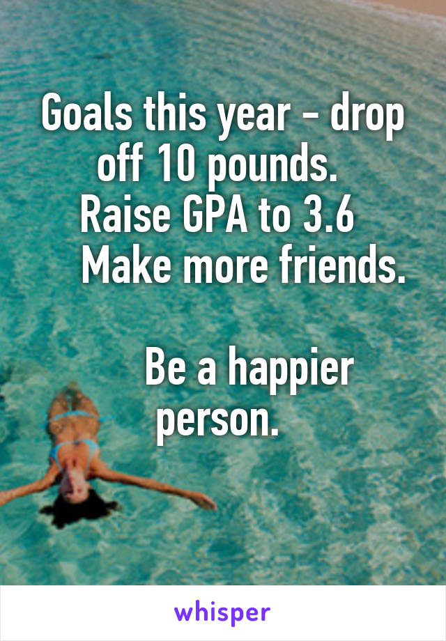 Goals this year - drop off 10 pounds. 
Raise GPA to 3.6 
    Make more friends. 
     Be a happier person. 

